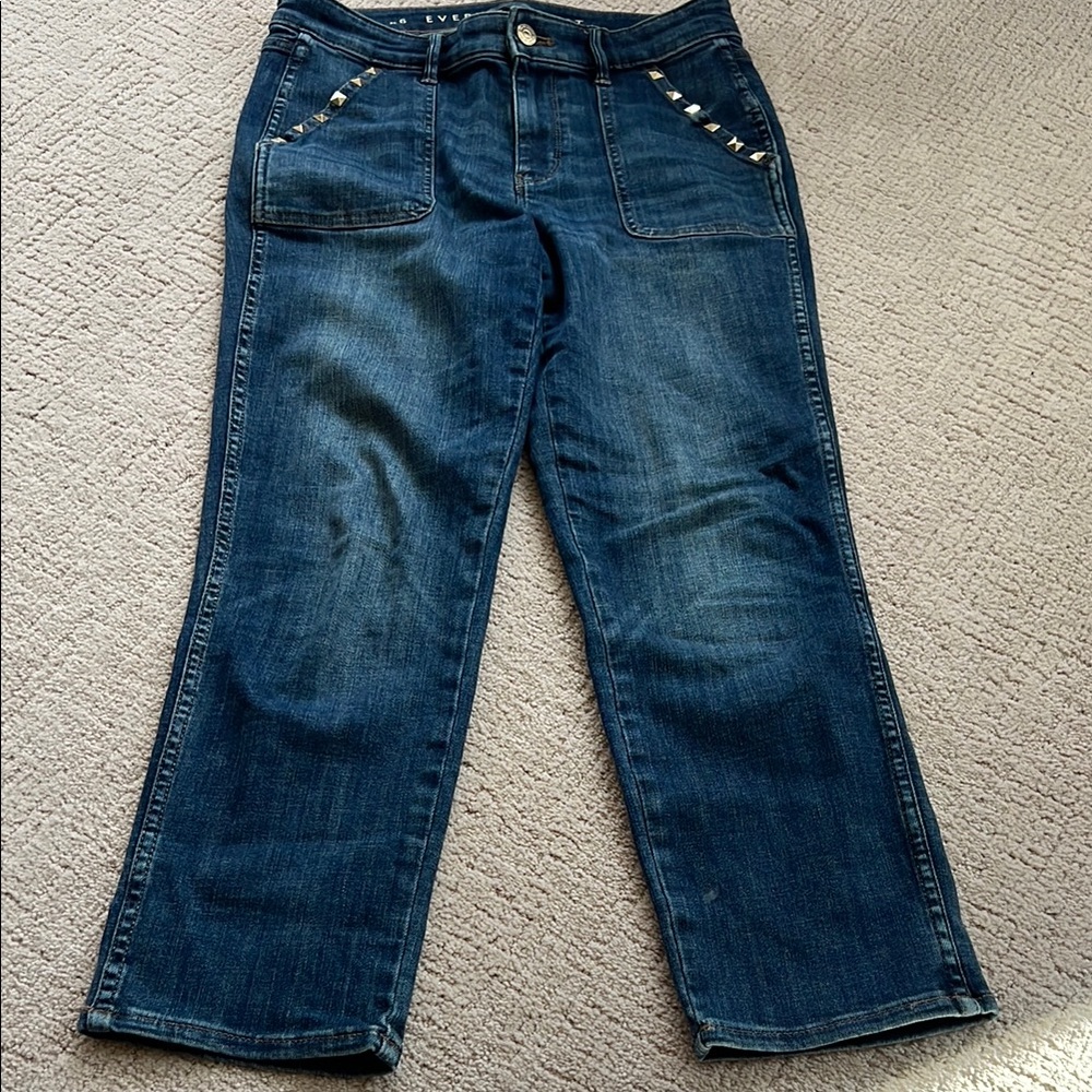 White House Black Market Straight Leg Blue Jeans with Subtle Distressing
